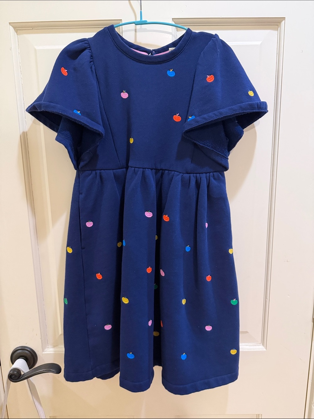 Mini Boden Navy Knit Dress with Multicolored Apple Embroidery